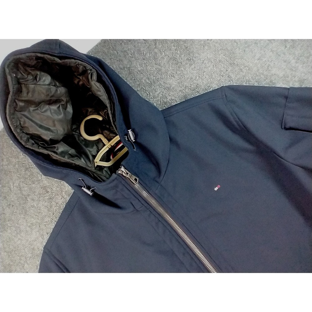 Tommy Hilfiger Softshell Hooded Jacket Men Size L Navy Blue Quilted Bib Bomber